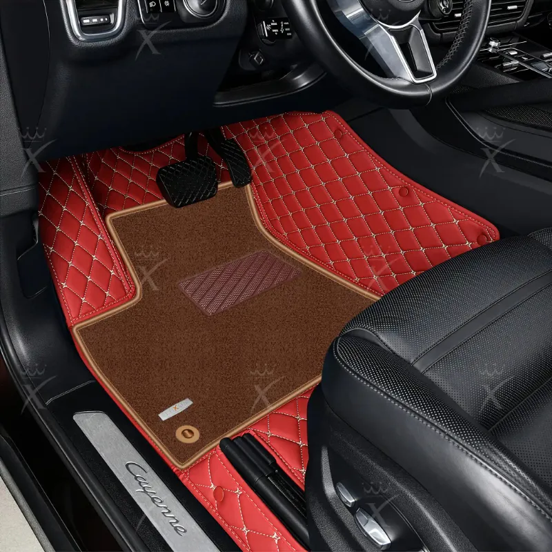 Luxus Car Mats Double Layer floor mats in cherry red and brown, diamond stitching detail