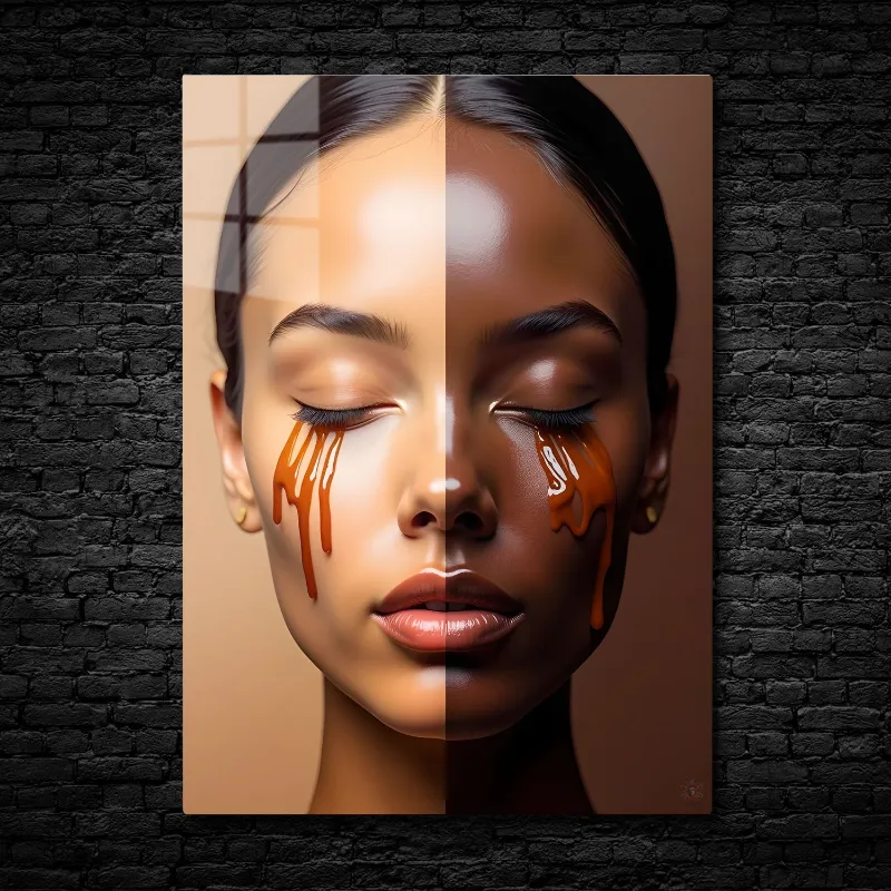 CruArt Melting Boundaries metal print, split-face portrait with vibrant paint streaks