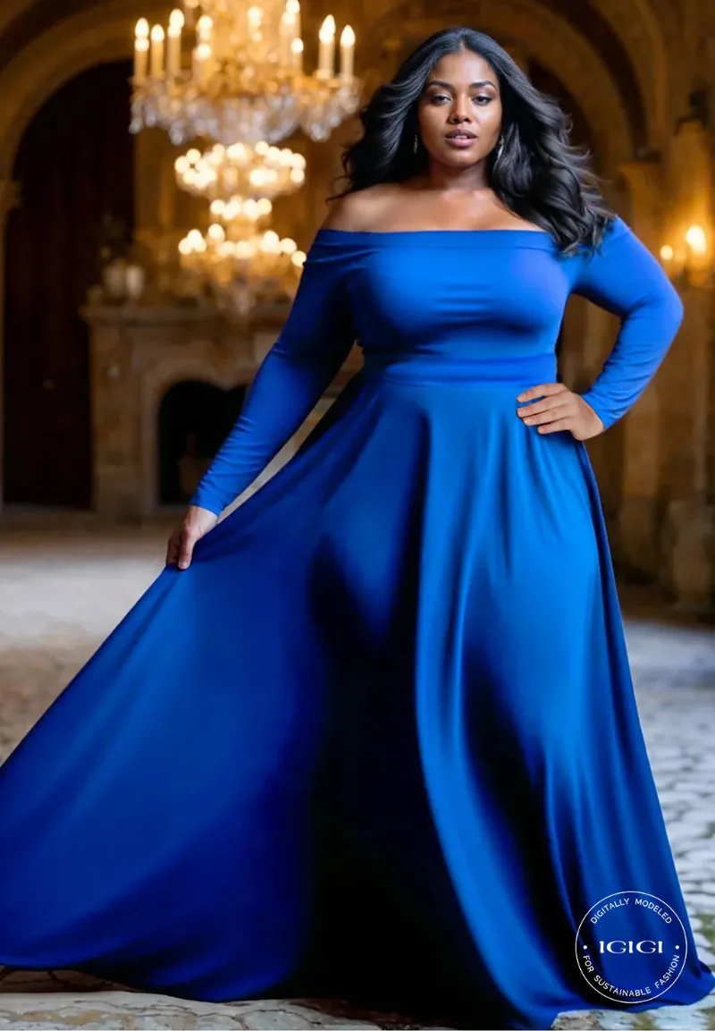 IGIGI Margaret Plus Size Evening Gown In Royal Blue with off-shoulder neckline