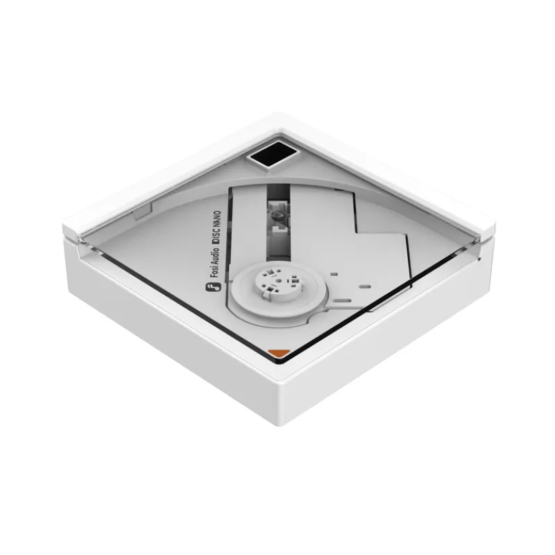 Fosi Audio DISC Nano CD Player showing half-exposed disc chamber and compact portable design