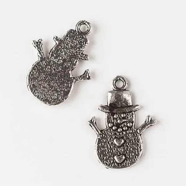 Cherry Tree Beads Silver Pewter Snowman with Heart Buttons Charm, 10 per bag, shown close up