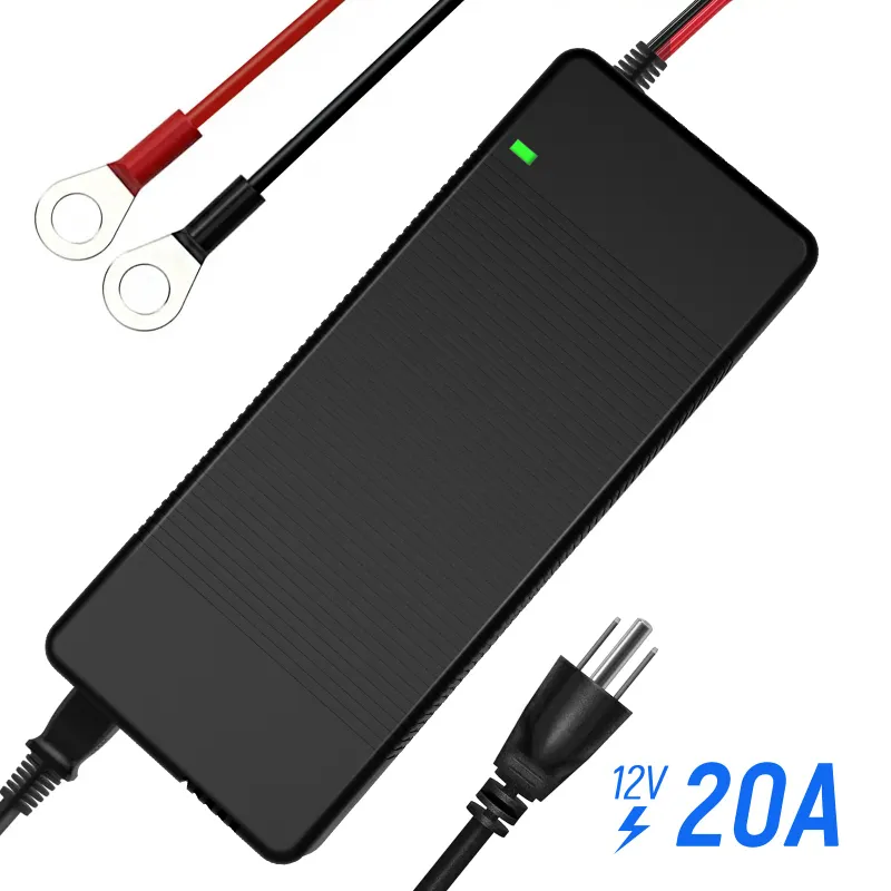 WattCycle 12V 20A Plastic Shell AC-DC LiFePO4 Battery Charger with cables and power connectors