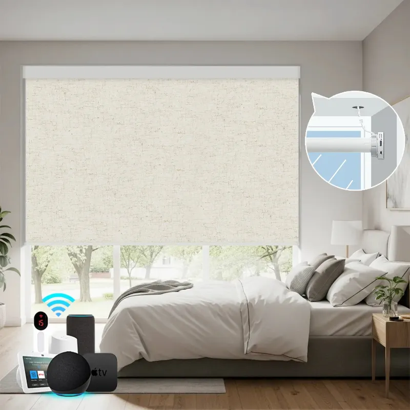 Bringnox Hardwired Motorized Roller Shades 100% Blackout Linen installed on a window