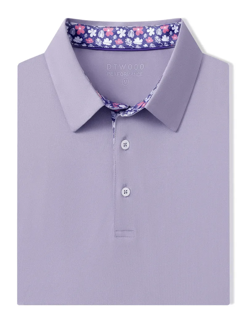 DTWOOO Designed Collared Solid Performance Polo in Lavender, showing classic American fit