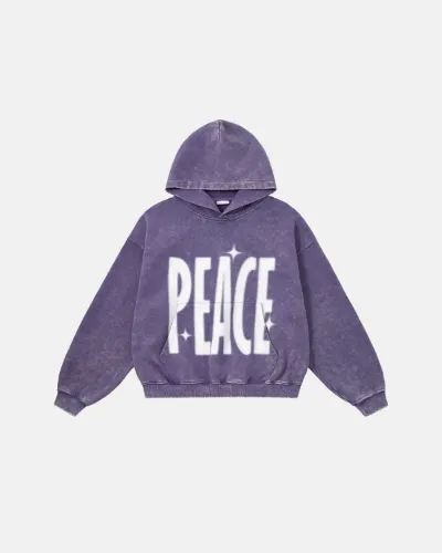 INFLATION Peace acid washed hoodie in purple with boxy fit and distressed wash treatment