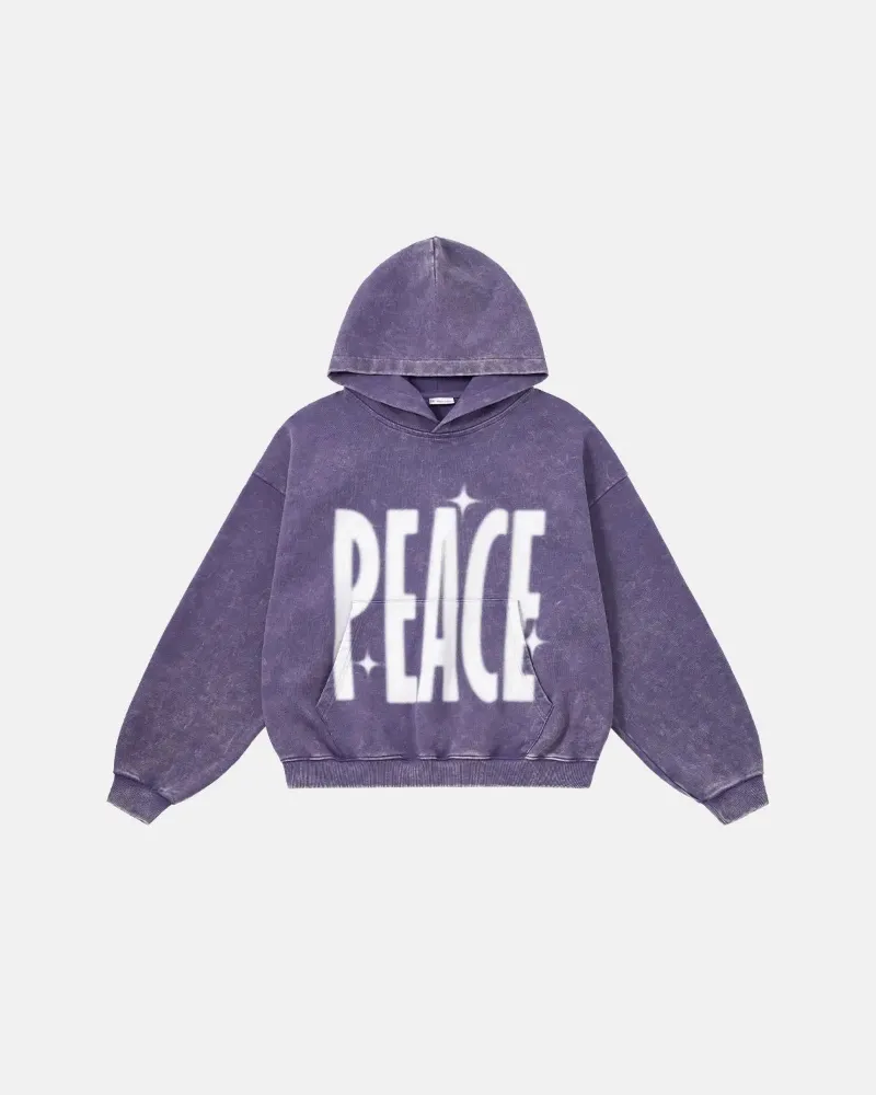 INFLATION Peace acid washed hoodie in purple with boxy fit and distressed wash treatment