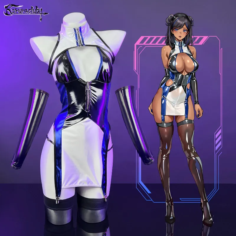 Koruraclub Blue And White Cyber Cheongsam KO61 featuring futuristic design with sleeves