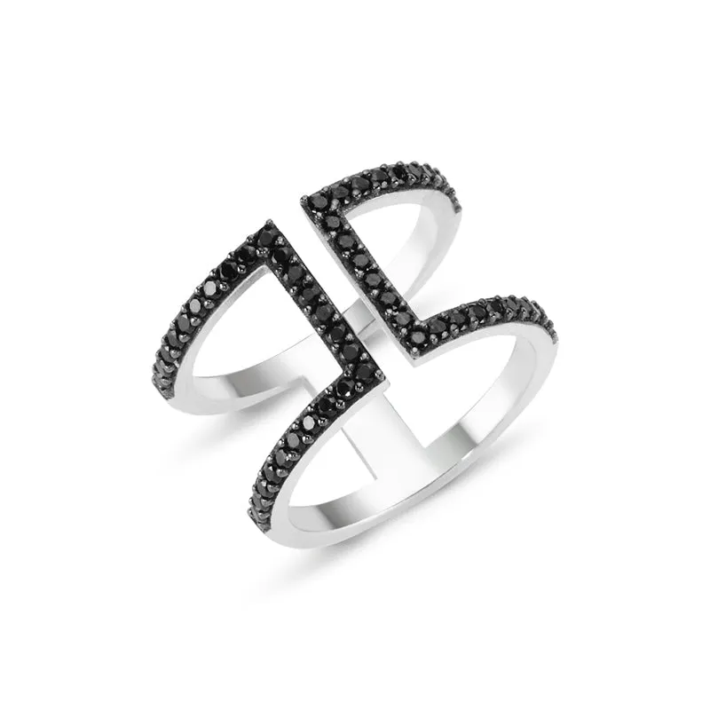 Amorium Jewelry Black Ires Dainty Double Band Silver Stackable Ring with crossbar and black crystals