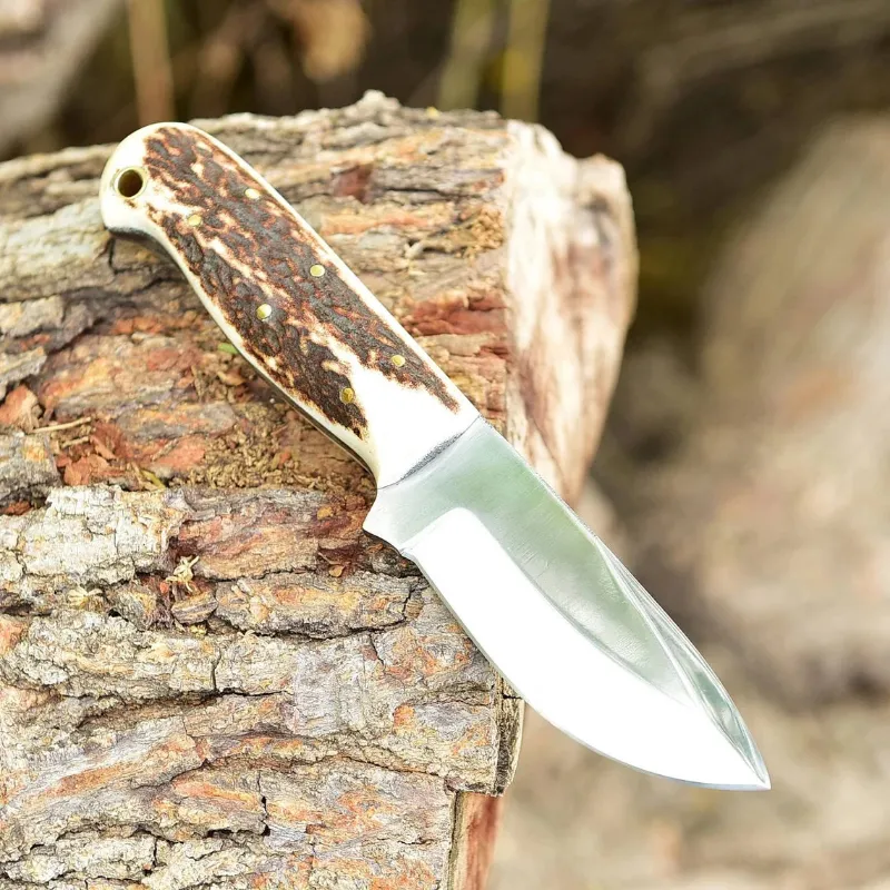 MyHackerTech custom handmade D2 steel skinning knife with antler horn handle and leather sheath