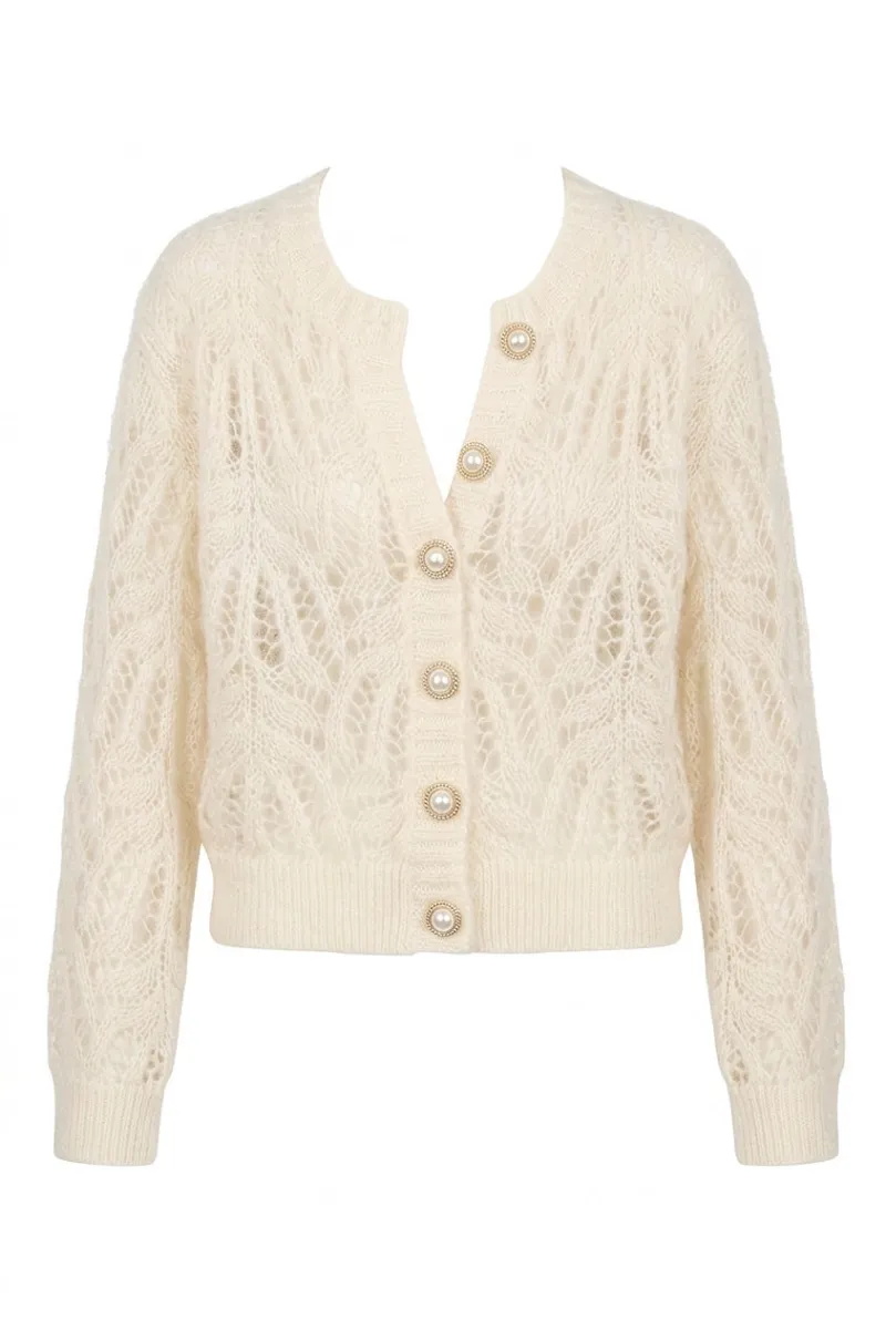 Cottagecore Clothes Ethereal Cobweb Lace Cardigan with open-weave knit and pearl buttons