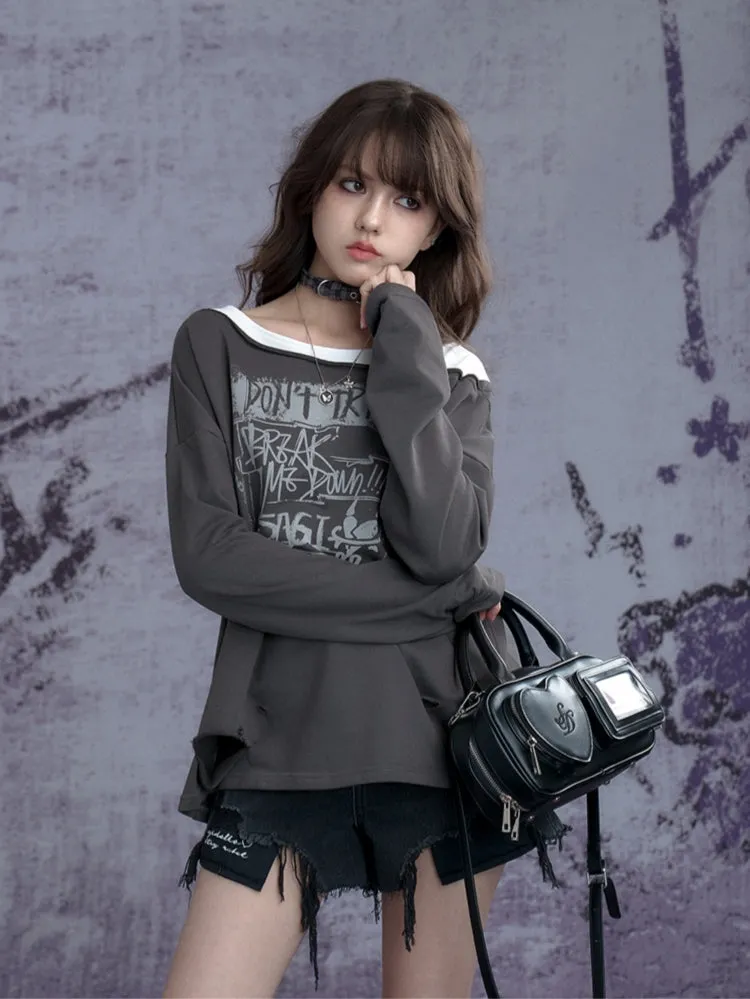 Juwas American Street Style Vintage Distressed Ripped Sweatshirt side view highlighting rips.