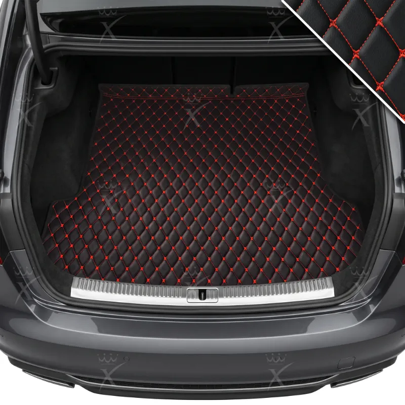 Luxus Car Mats Diamond Base trunk mat with black and red diamond stitching fitted in a car cargo area