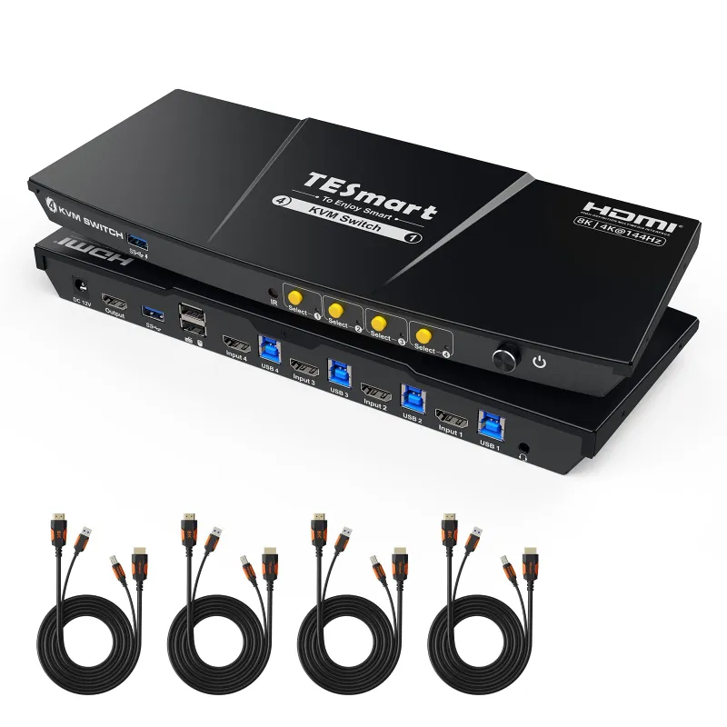 TESmart 4-Port 8K60 HDMI 2.1 KVM Switch with ADI Chip, EDID, 4K144Hz for Gaming, 4 PCs 1 Monitor