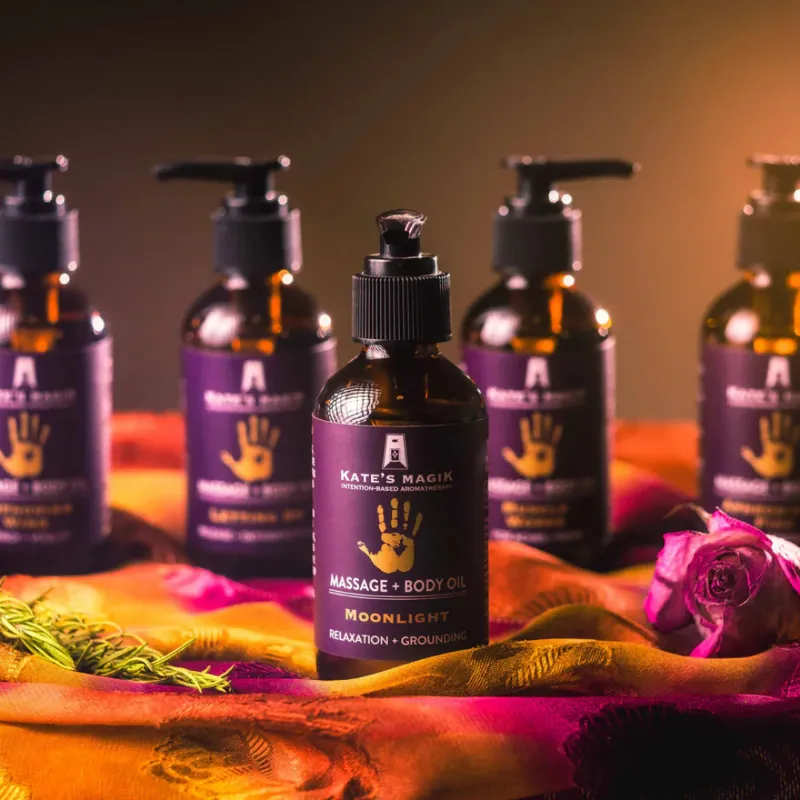 Kates Magik Massage + Body Oils Complete Collection with five bottles of aromatherapy blends