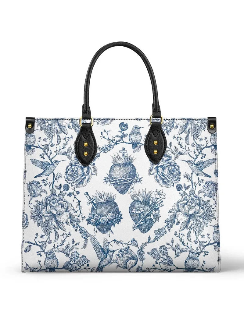 Catholight Sacred Elegance Blue and White Devotion Leather Bag with Sacred Hearts and floral design
