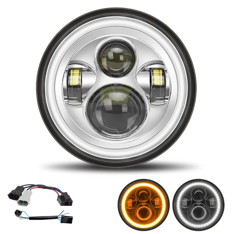 Sunpie 7 inch LED Halo Headlight for Harley in Chrome or Black with DRL plus Turn Indicator Function and 2 Adapters Included