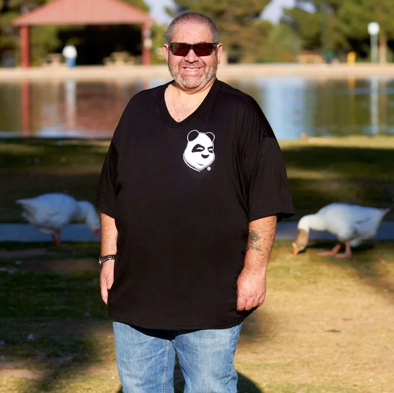 Big Boy Bamboo Paunch Panda V-Neck Bamboo Viscose Graphic Tees in black with white panda logo