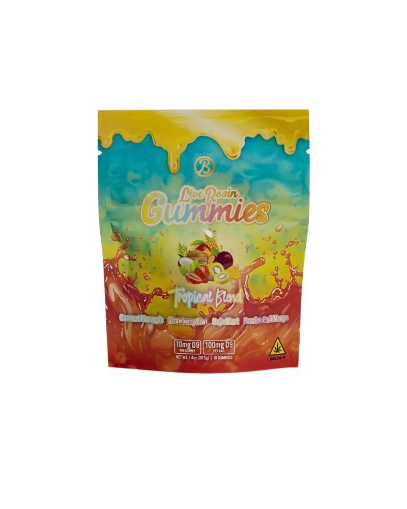 Baked Bags Tropical Blend Live Rosin Gummies package with assorted fruit flavored cannabis edibles