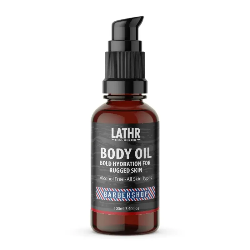 LATHR Body Oil bottle with vitamin E and natural oils for men's full body care