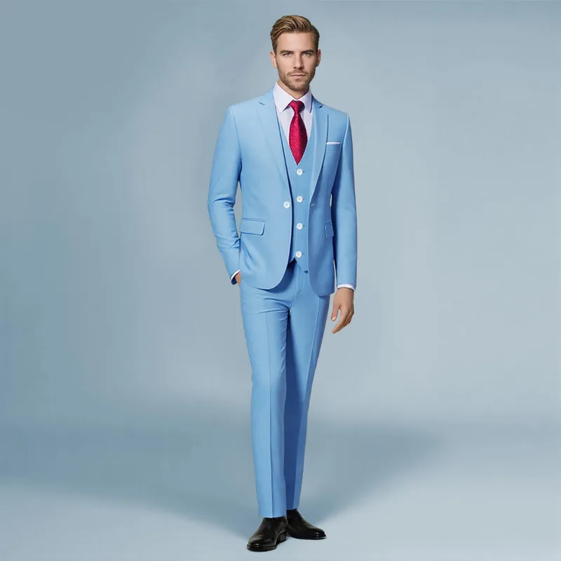 Cloudstyle 1829 Series sky blue 3-piece slim fit formal suit with blazer, pants, and vest