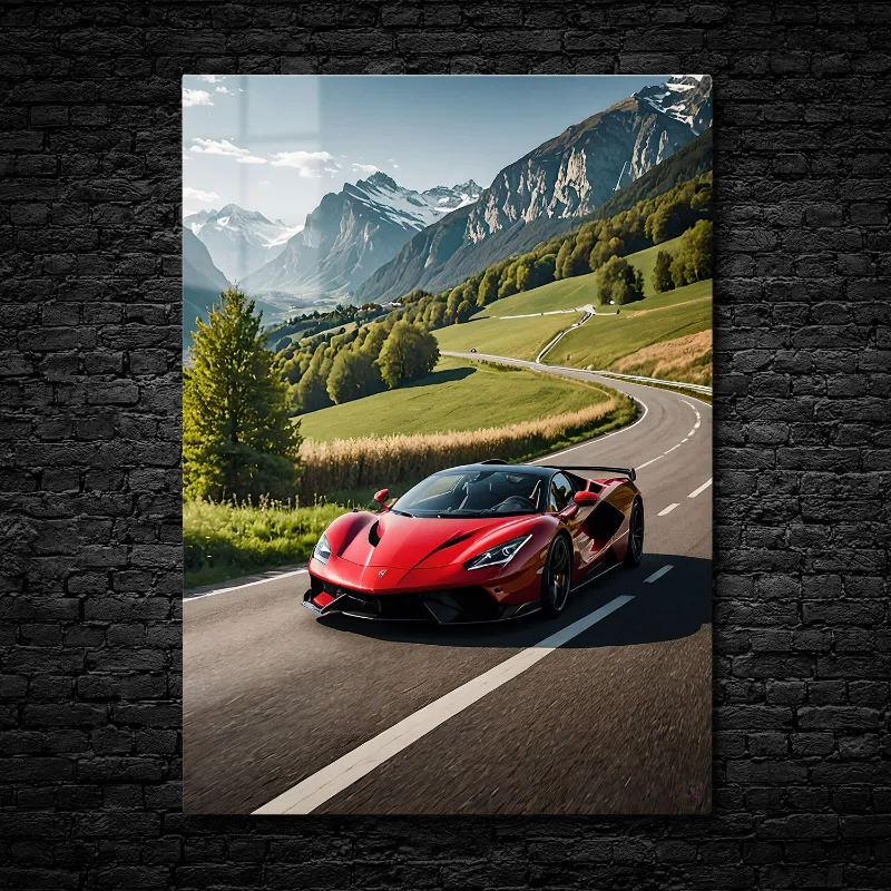 CruArt Crimson Trailblazer Metal Print showing red supercar on winding alpine mountain road with snow-capped peaks