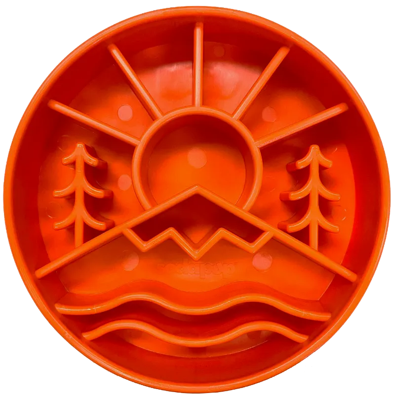 Soda Pup Great Outdoors eBowl slow feeder dog bowl in orange and green with mountain maze design