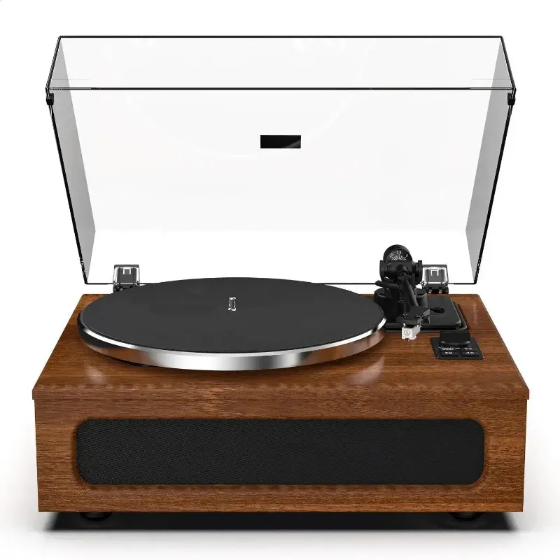 Retrolife Modern Bluetooth Input Record Player with Built-in 50W Speakers & ATN3600L Stylus shown with turntable platter and speaker system