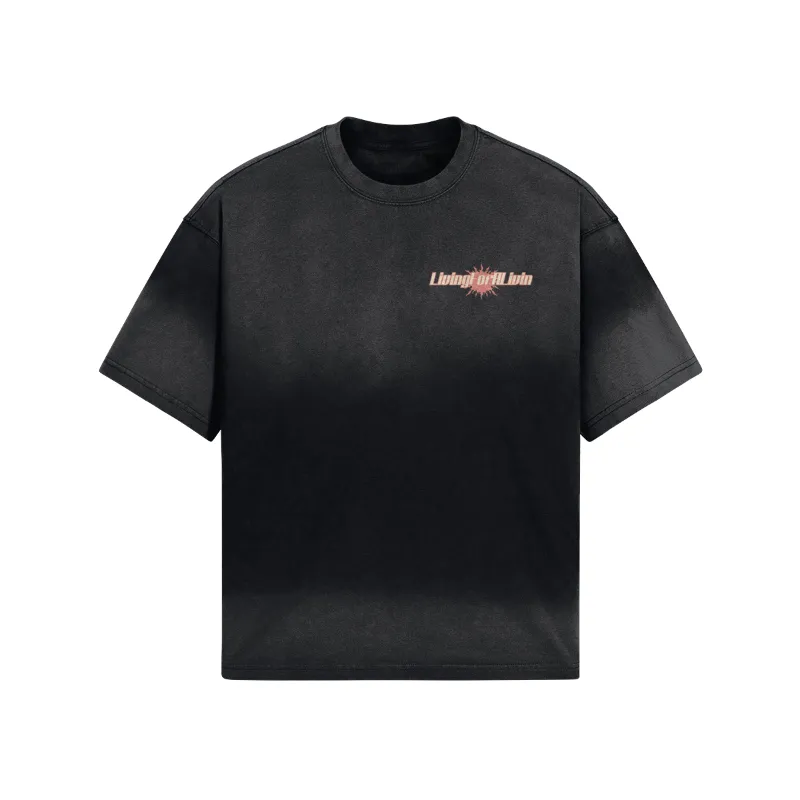 LivingForALivin Big Sun Back Classic Tee showing boxy fit and tie-dye pattern