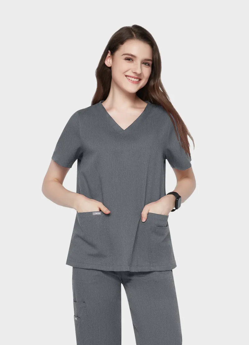 COMENII ElegCare™ Essential Scrub Top Graphite, front view showing V-neck and sleeve pocket