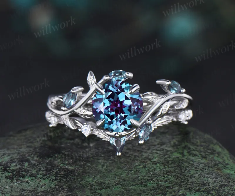 WillWork Jewelry 1ct round cut alexandrite vintage leaf engagement ring set