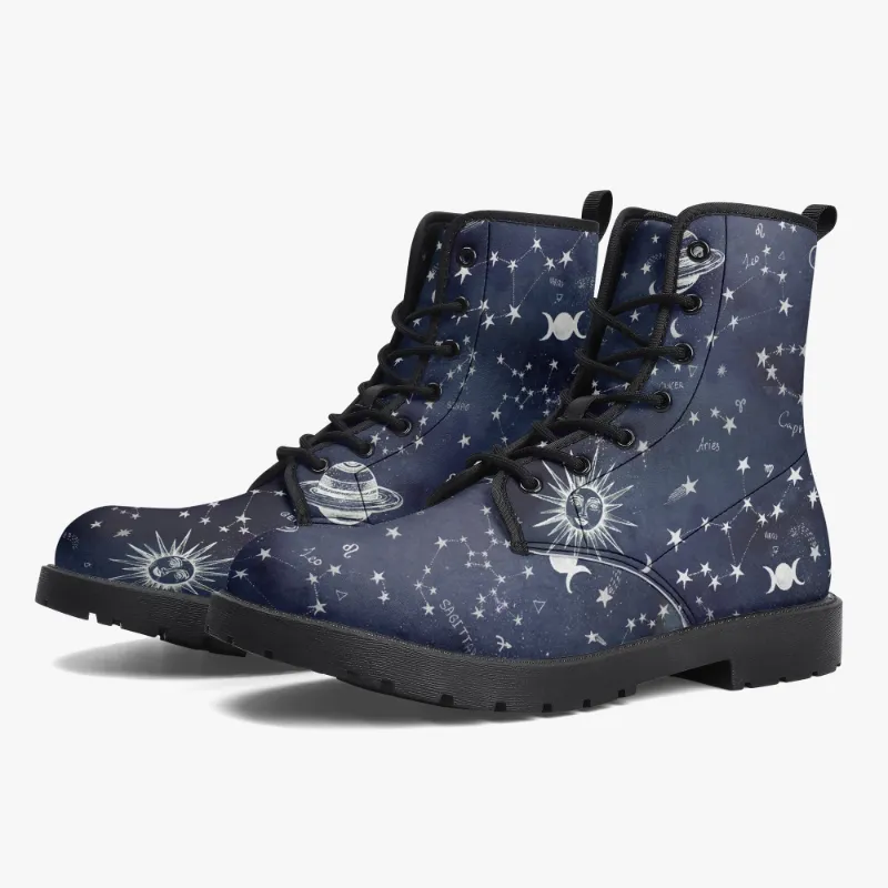 Spirit Nest Astrology Map Blue Leather Boots with constellation design on vegan material