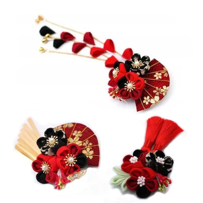 Foxtume Handmade Tsumami Kanzashi Hair Clip 3 Piece Set Red & Black Sakura showing cherry blossom ornaments on alligator clips
