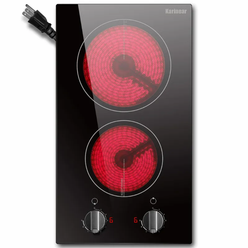 Karinear Appliances 12 inch 2 burner Plug in Knob Control Electric Ceramic Cooktop, black glass cooktop with control knobs