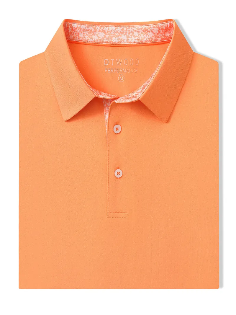 DTWOOO Designed Collared Solid Performance Polo in Shimmer Orange, classic fit golf shirt