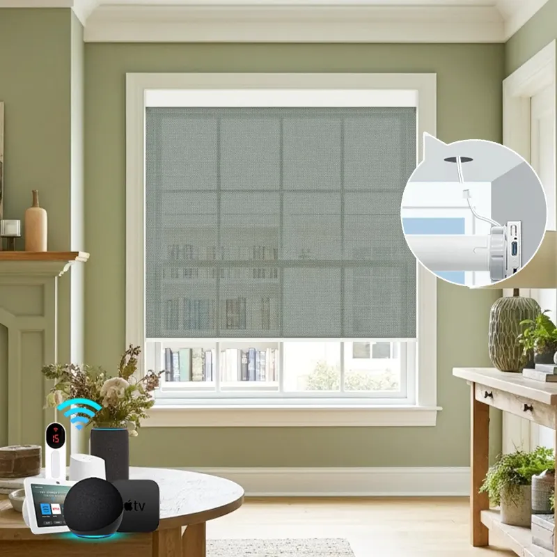 Bringnox Hardwired Motorized Light Filtering Roller Shades 50% Blackout Sunscreen window shade in open-weave fabric