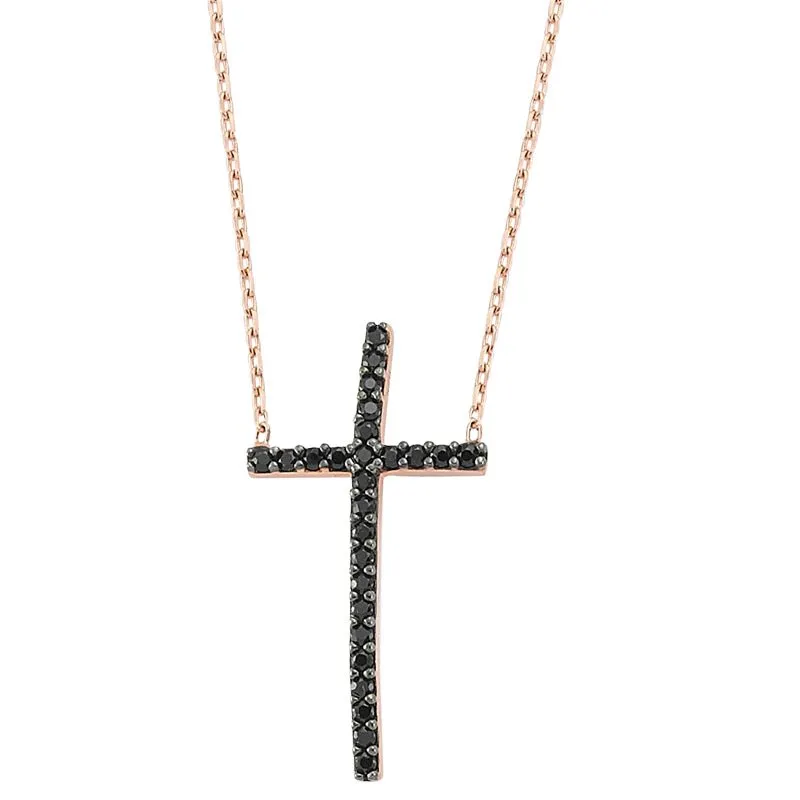 Amorium Jewelry Black Cross Silver Necklace Pendant in Rose Gold, ornate cross with black crystals on rose gold chain
