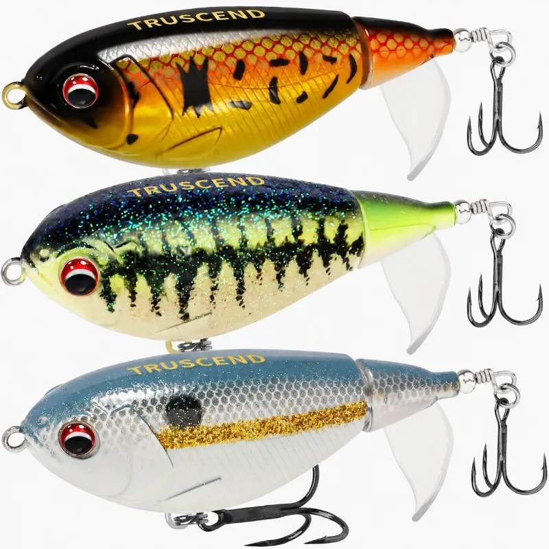 Truscend Fishing PoPobait Topwater Revenge Plopper Lure with rotating tail on white background