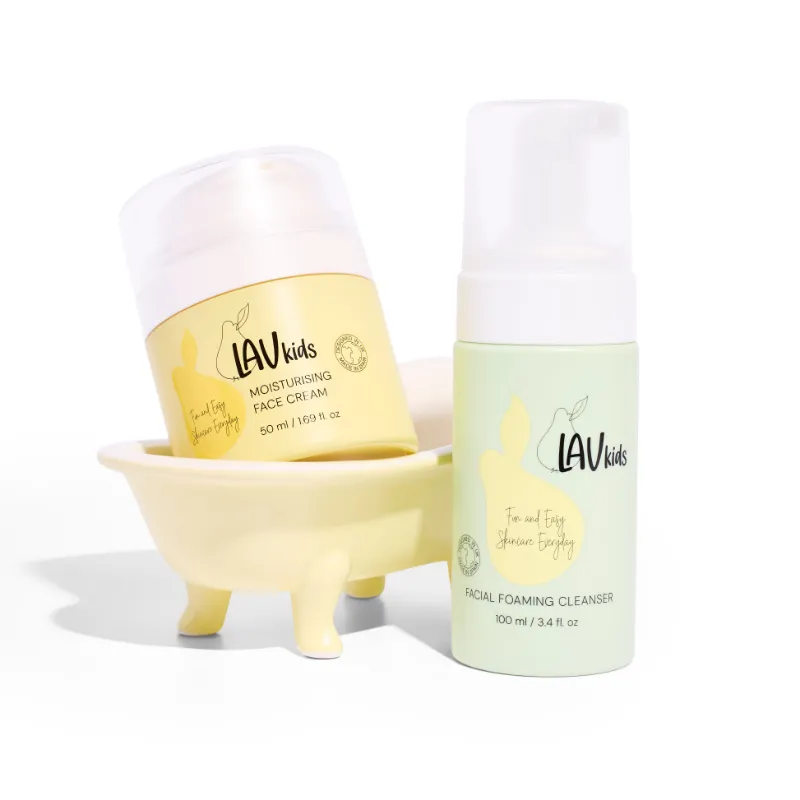 Lav Kids Moisturising Face Duo, cleanser and face cream bottles side by side
