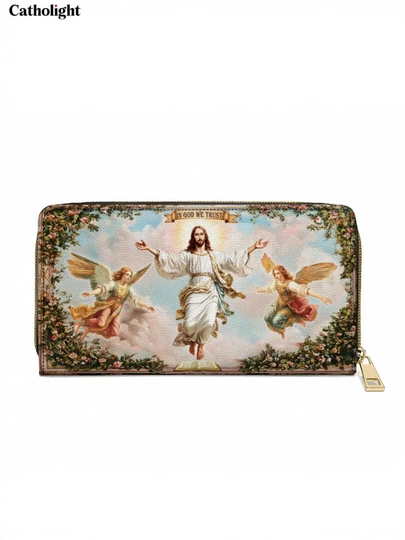 Catholight In God We Trust Leather Wallet Purse with Jesus Ascension art, angels, and floral accents