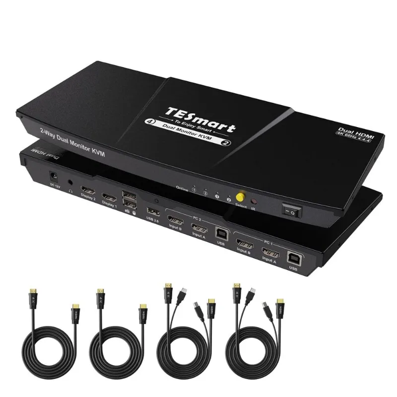 TESmart 2 Port Dual Monitor KVM Switch Kit HDMI 4K60Hz with EDID on white background