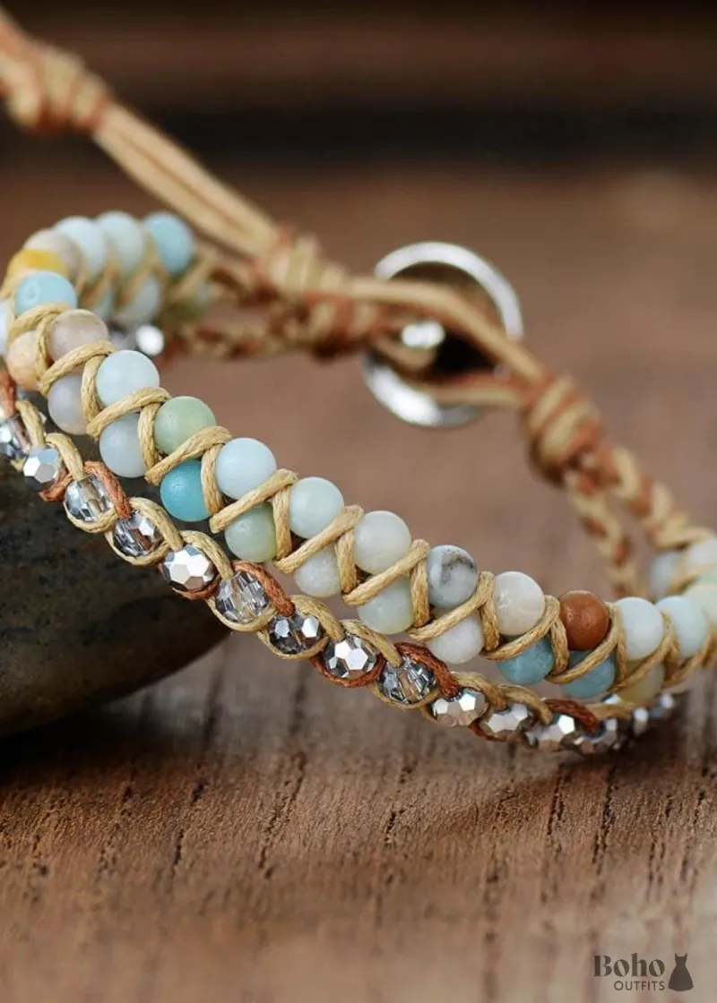 Boho Dress Boho Bracelet, Leather Wrap Bracelet, Light Blue Amazonite handmade natural stone jewelry