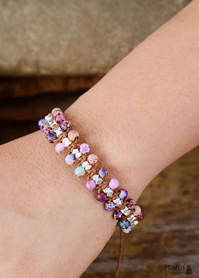 Boho Bracelet Friendship Bracelet with pink rhodonite and blue amazonite stones, shown on a neutral background