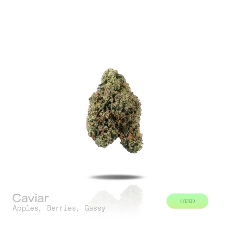 Hipuffy Caviar THCa Flower (Premium Indoor) (Hybrid) dense forest green cannabis buds with trichome coating
