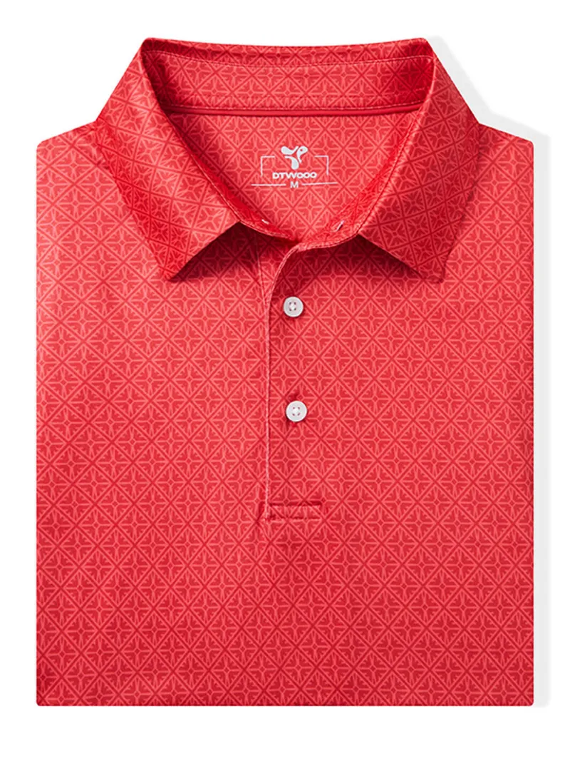 DTWOOO Men's Print Performance Polo in Red Totem pattern, front view