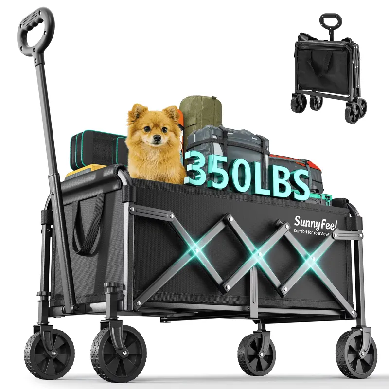 SunnyFeel Outdoor Collapsible 350lbs Wagon Cart in black, folded for storage
