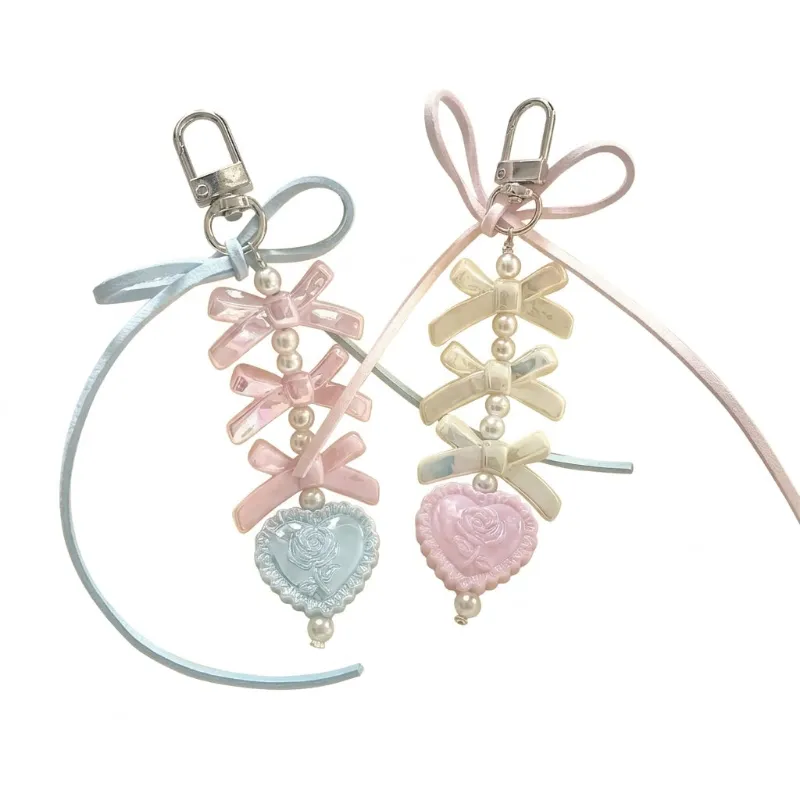 Shoptery Fairy Kei Pastel Bow Pearl Rose Heart Bag Charm Keychain with layered bows and heart pendant