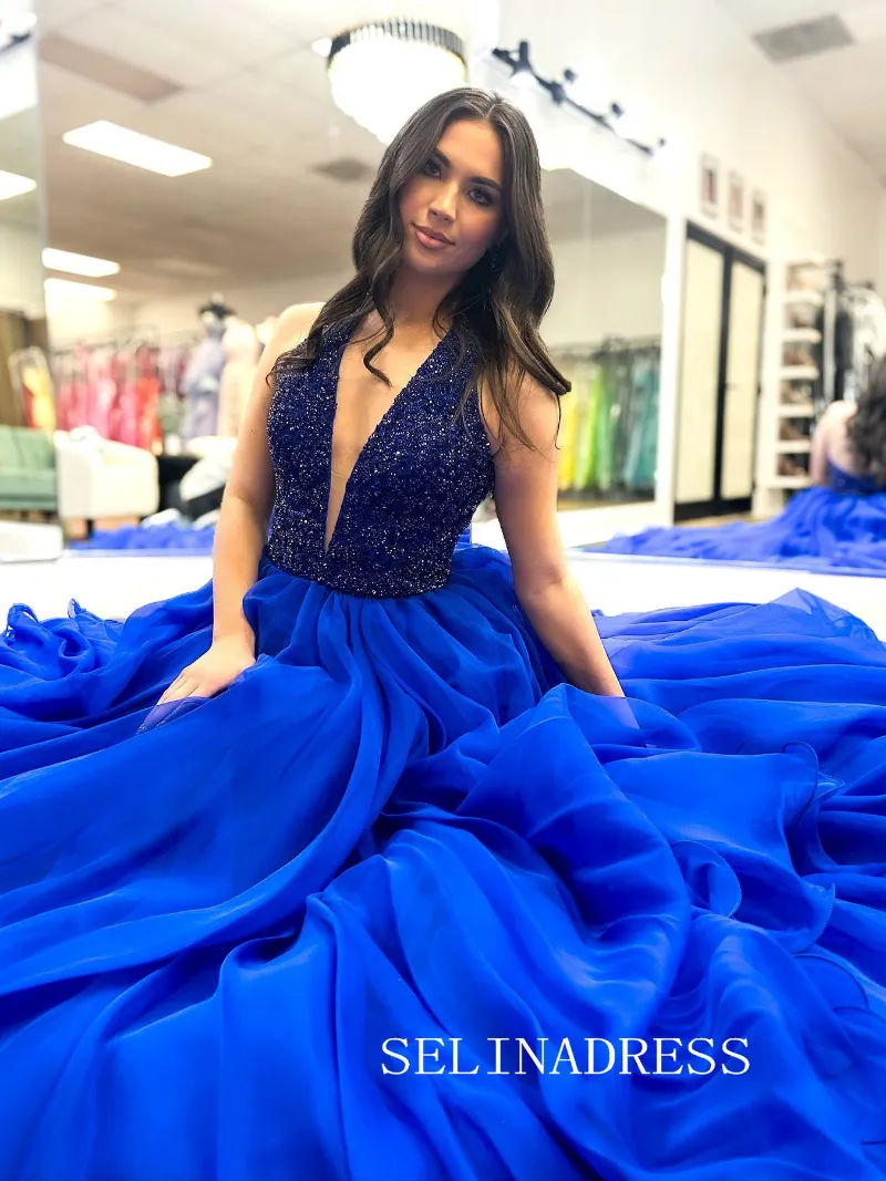Selinadress A-line Deep V neck Royal Blue Beaded Prom Dress Evening Dresses SED0031 on model