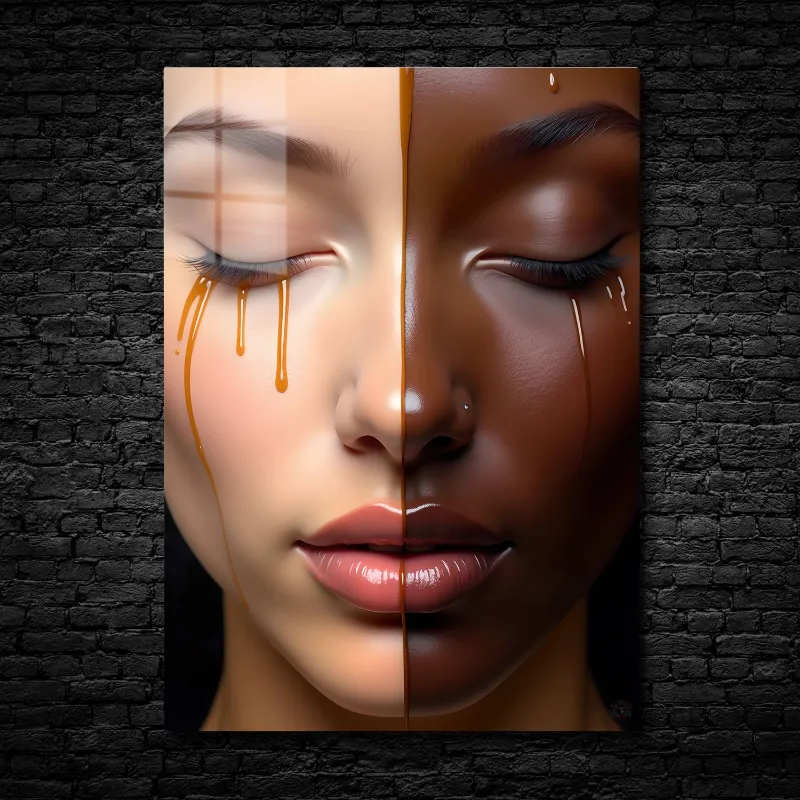 CruArt Fluid Identity Metal Print showing split face with two contrasting skin tones and flowing liquid effect