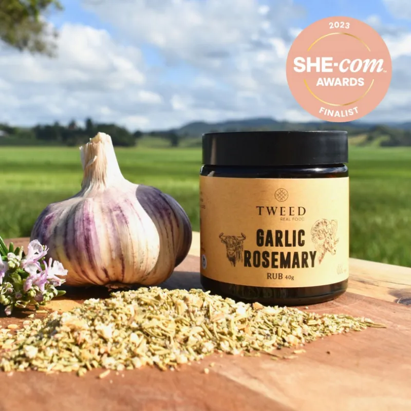 Tweed Real Food Garlic Rosemary Rub jar with herb and garlic seasoning
