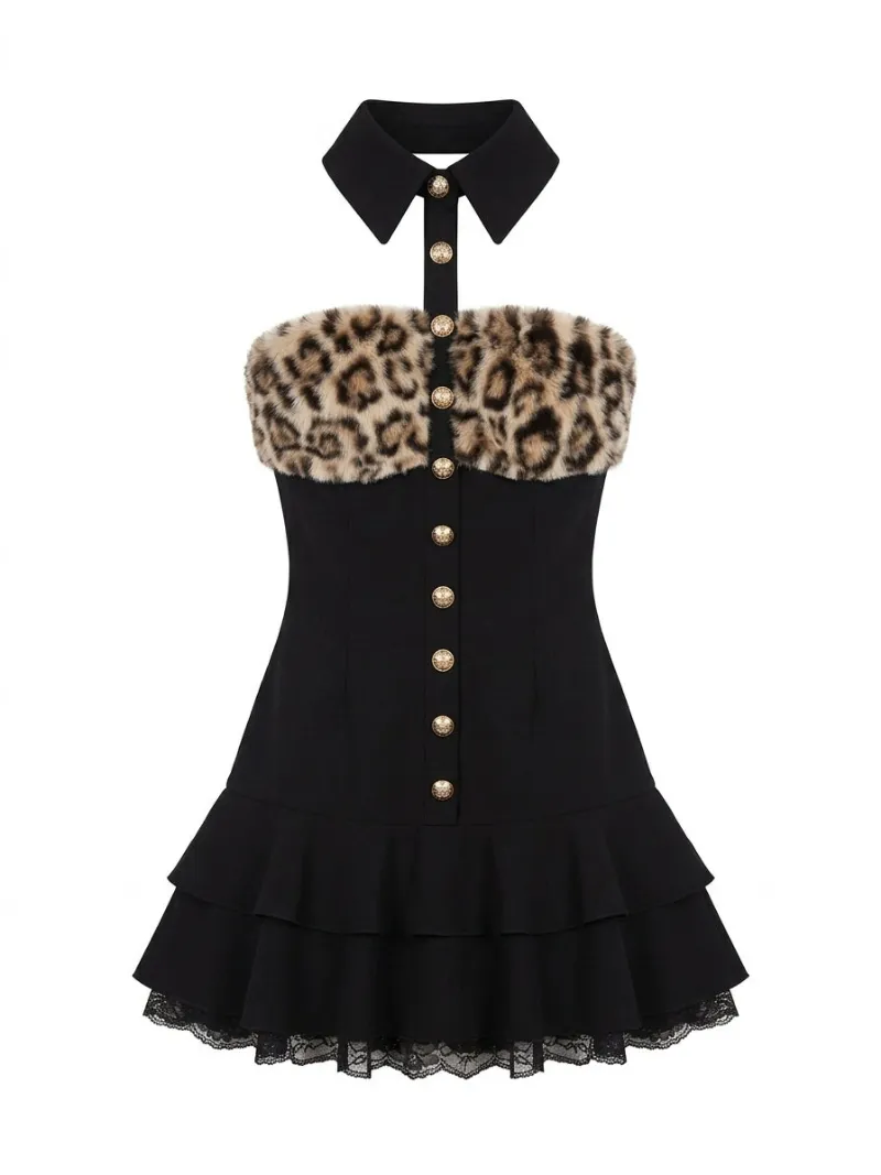 Shoptery Gyaru Leopard Faux Fur Halter Mini Dress with Lace Ruffle Hem, strapless leopard print mini dress with lace trim
